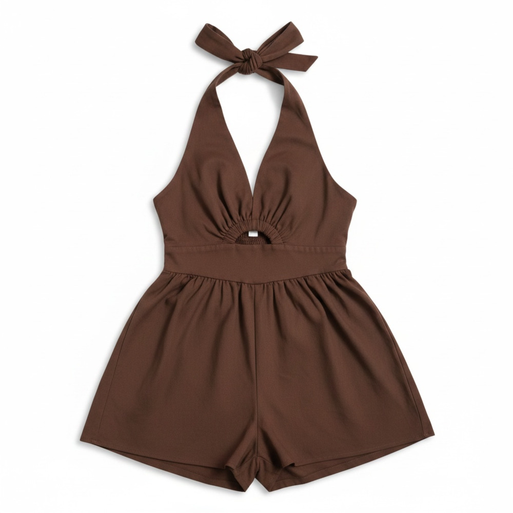Francesca's Sera Halter Neck Cutout Romper in Chocolate Brown